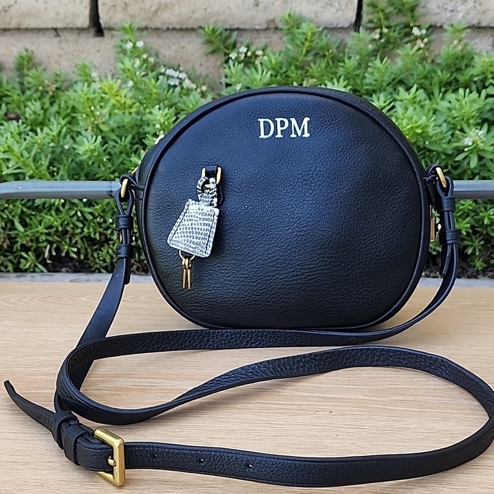 J. Crew Black circle bag in Italian leather with initials with Lock and keys